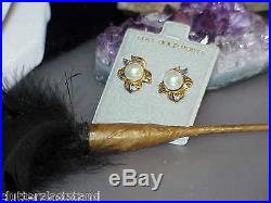 Estate $1875 14K Yellow Gold 7.5mm Pearl Diamond Ring Earrings Set 2 tone Vintg