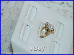 Estate $1875 14K Yellow Gold 7.5mm Pearl Diamond Ring Earrings Set 2 tone Vintg