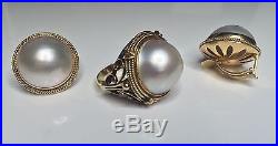 Estate 18K Yellow Gold 15mm Pearl Ring & Clip On Earring Matching Set 20 Gram