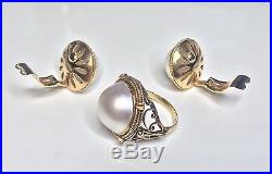 Estate 18K Yellow Gold 15mm Pearl Ring & Clip On Earring Matching Set 20 Gram