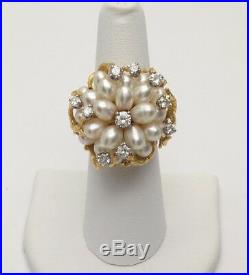Estate 18k Yellow Gold Cocktail Cluster Style Pearl Ring Set With Round Diamonds