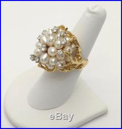 Estate 18k Yellow Gold Cocktail Cluster Style Pearl Ring Set With Round Diamonds