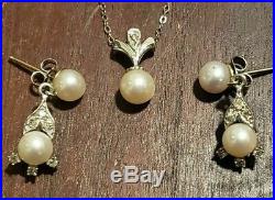 Estate Cultured Pearl Diamond 14k White Gold Pendant Necklace Earrings Set