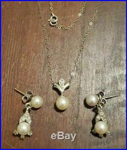 Estate Cultured Pearl Diamond 14k White Gold Pendant Necklace Earrings Set
