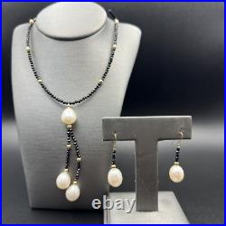 Estate Faceted Onyx and Pearl Necklace and Earring Set 14K Gold STUNNING Estate Faceted Onyx and Pearl Necklace and Earring Set 14K Gold STUNNING