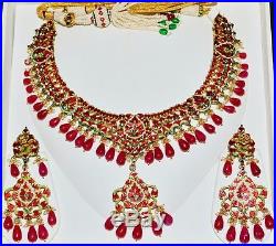 Estate Huge Carved Ruby Pearl Diamond Enamel 22k 18k Gold Necklace Earring Set