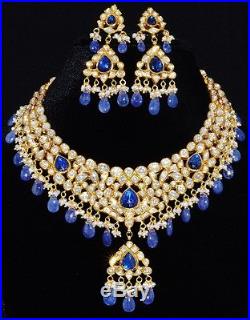 Estate Moghul Tanzanite Pearl Diamond Enamel 22k 18k Gold Necklace Earring Set
