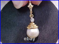 Estate Natural Pearl & Bezel Set Diamond Dangle Earrings 14k Yellow Gold