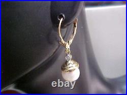 Estate Natural Pearl & Bezel Set Diamond Dangle Earrings 14k Yellow Gold