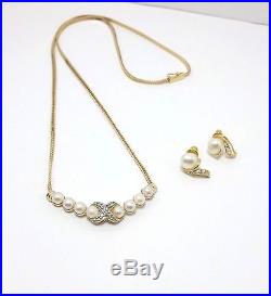 Estate Vintage 14K Solid Gold Pearl 17 Necklace & Earring Set w Diamonds X O