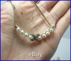 Estate Vintage 14K Solid Gold Pearl 17 Necklace & Earring Set w Diamonds X O