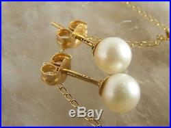 Estate Vintage 14K Yellow Gold Pearl Diamond Pendant 18 Necklace Earring Set