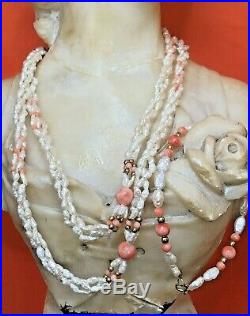 Estate Vintage 14k Gold Rare Coral & Pearl Necklace & Bracelet Set Gemstone