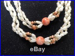 Estate Vintage 14k Gold Rare Coral & Pearl Necklace & Bracelet Set Gemstone