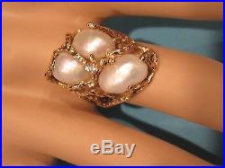 Estate Vtg 14K Yellow Gold Lg Baroque Pearl Ring with Diamond Coral Branch Setting