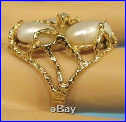 Estate Vtg 14K Yellow Gold Lg Baroque Pearl Ring with Diamond Coral Branch Setting