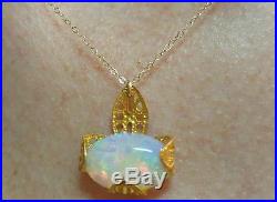 Ethiopian Fire Opal cabochon 3ct necklace pendant 14k gold chain Brass setting