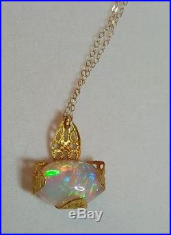 Ethiopian Fire Opal cabochon 3ct necklace pendant 14k gold chain Brass setting