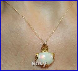 Ethiopian Fire Opal cabochon 4ct necklace pendant 14k gold chain Brass setting