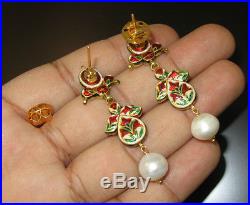 Ethnic 22k 22kt 23k Solid Gold Diamond Pearl Moghul Enamel Necklace Earrings Set