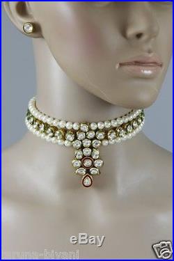 Ethnic Gold Plated Red Enamel CZ Kundan White Pearls Collar Choker Necklace Set