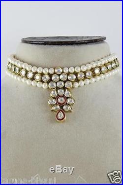 Ethnic Gold Plated Red Enamel CZ Kundan White Pearls Collar Choker Necklace Set