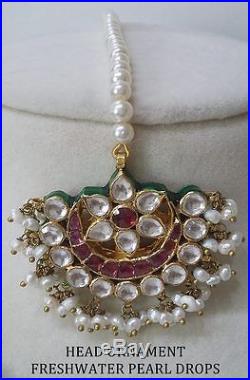 Ethnic Indian Gold Plated CZ Kundan Pearl Drops Necklace Jewelry Tika Set