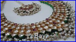 Ethnic Indian Gold Plated CZ Kundan Pearl Drops Necklace Jewelry Tika Set