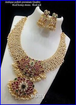 Ethnic Indian Gold Tone Matt Statement Necklace Tribal Pearl Temple Jewelry Set