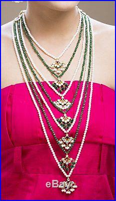 Ethnic Multi Strand Green White Pearl Gold Plated Jadau Kundan Long Necklace Set