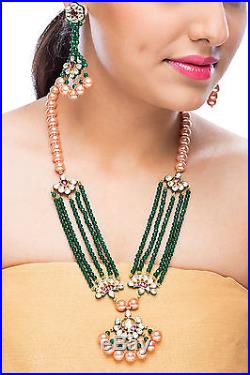 Ethnic Stylish Green Onyx Golden Pearls Jadau Kundan Necklace Set