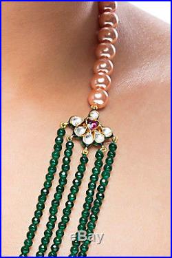 Ethnic Stylish Green Onyx Golden Pearls Jadau Kundan Necklace Set