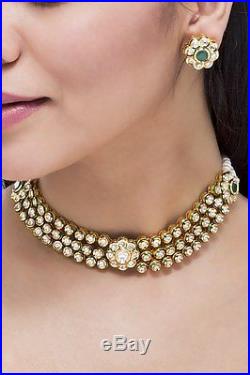 Ethnic White Pearls 22K Yellow Gold Plated CZ Polki Choker Necklace Jewelry Set