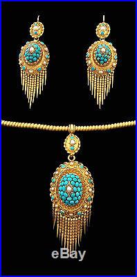 Etruscan Revival 18K Gold Suite Domed Pave Set Turquoise & Pearls Circa 1870