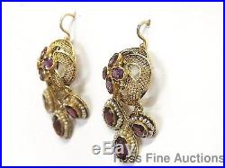 Etruscan Revival Parure Rhodolite Garnet Seed Pearl 15k Gold Earrings Pendant