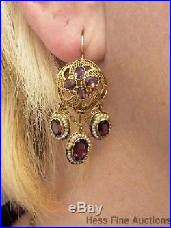 Etruscan Revival Parure Rhodolite Garnet Seed Pearl 15k Gold Earrings Pendant