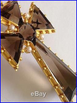 Exceptional Victorian 15ct Gold Natural Smokey Quartz & Seed Pearl Set Cross