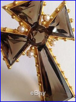 Exceptional Victorian 15ct Gold Natural Smokey Quartz & Seed Pearl Set Cross