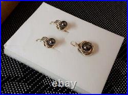Exelent Womens's Set Natural Black Pearls Gold Earrings & Pendant 14KT Hand Made