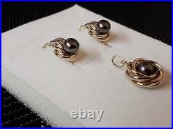 Exelent Womens's Set Natural Black Pearls Gold Earrings & Pendant 14KT Hand Made