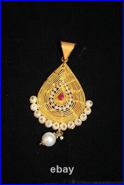 Exquisite Matching 22K Yellow Gold Pearl/Ruby Pendant & Earrings 45 GR