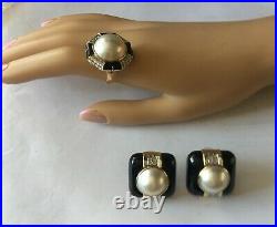 FINE JEWELRY SET- 14K Yellow Gold Diamond Mabe Pearl Ring + Earrings Omega Back