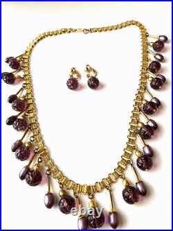 FREIDRICH Purple Molded Glass Dangle Bead Necklace & Clip Earrings Set Gold Tone