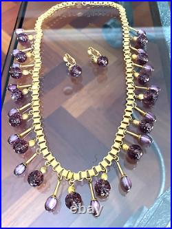 FREIDRICH Purple Molded Glass Dangle Bead Necklace & Clip Earrings Set Gold Tone