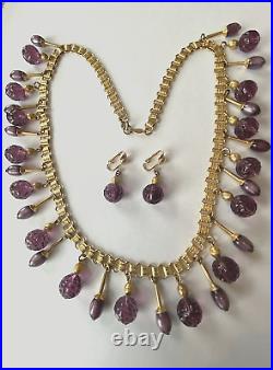 FREIDRICH Purple Molded Glass Dangle Bead Necklace & Clip Earrings Set Gold Tone