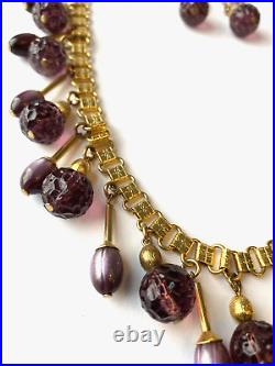 FREIDRICH Purple Molded Glass Dangle Bead Necklace & Clip Earrings Set Gold Tone