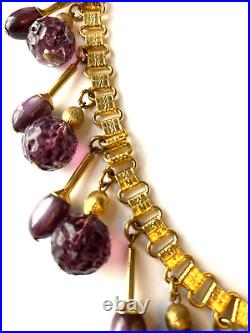 FREIDRICH Purple Molded Glass Dangle Bead Necklace & Clip Earrings Set Gold Tone