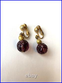 FREIDRICH Purple Molded Glass Dangle Bead Necklace & Clip Earrings Set Gold Tone