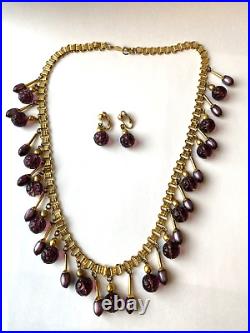 FREIDRICH Purple Molded Glass Dangle Bead Necklace & Clip Earrings Set Gold Tone