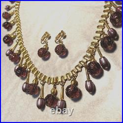 FREIDRICH Purple Molded Glass Dangle Bead Necklace & Clip Earrings Set Gold Tone